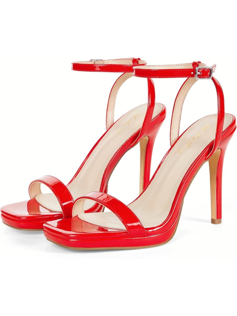 Women’s Red Stilettos Heeled Sandals Open Square Toe Heels 4.3 Inch Open Toe